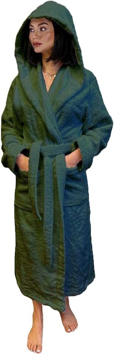 Badjas voor heren en dames, voor hotel en luxe SPA, katoenen badstof, met capuchon, eenkleurig, model: Parel, Donker Groen, XL