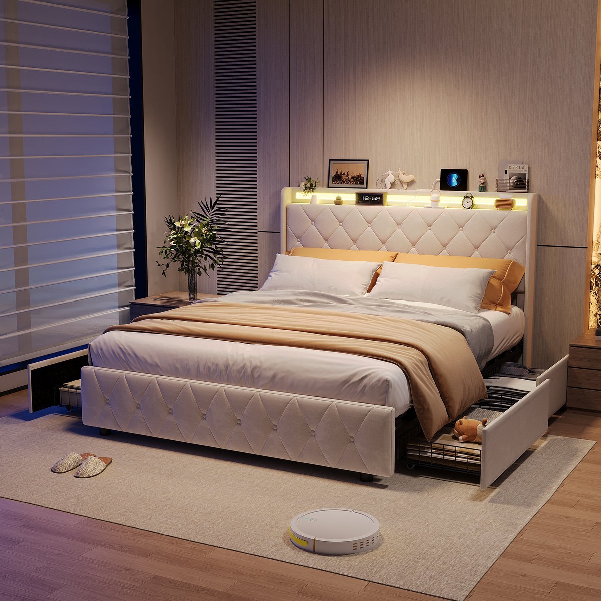 Gestoffeerd bed 160x200 cm met 4 lades, Tweepersoonsbed met LED en USB, Opbergbed met opbergruimte en lattenbodem,fluweel Beige, zonder matras