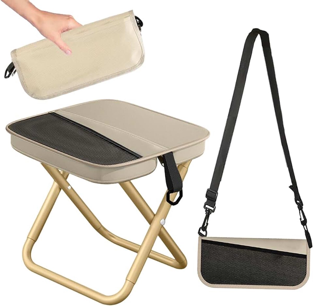 Klapkruk voor buiten, kleine campingkruk, met net en riem, mini-klapstoelen voor buiten kamperen, voor binnen en buiten, kamperen, wandelen (kaki)