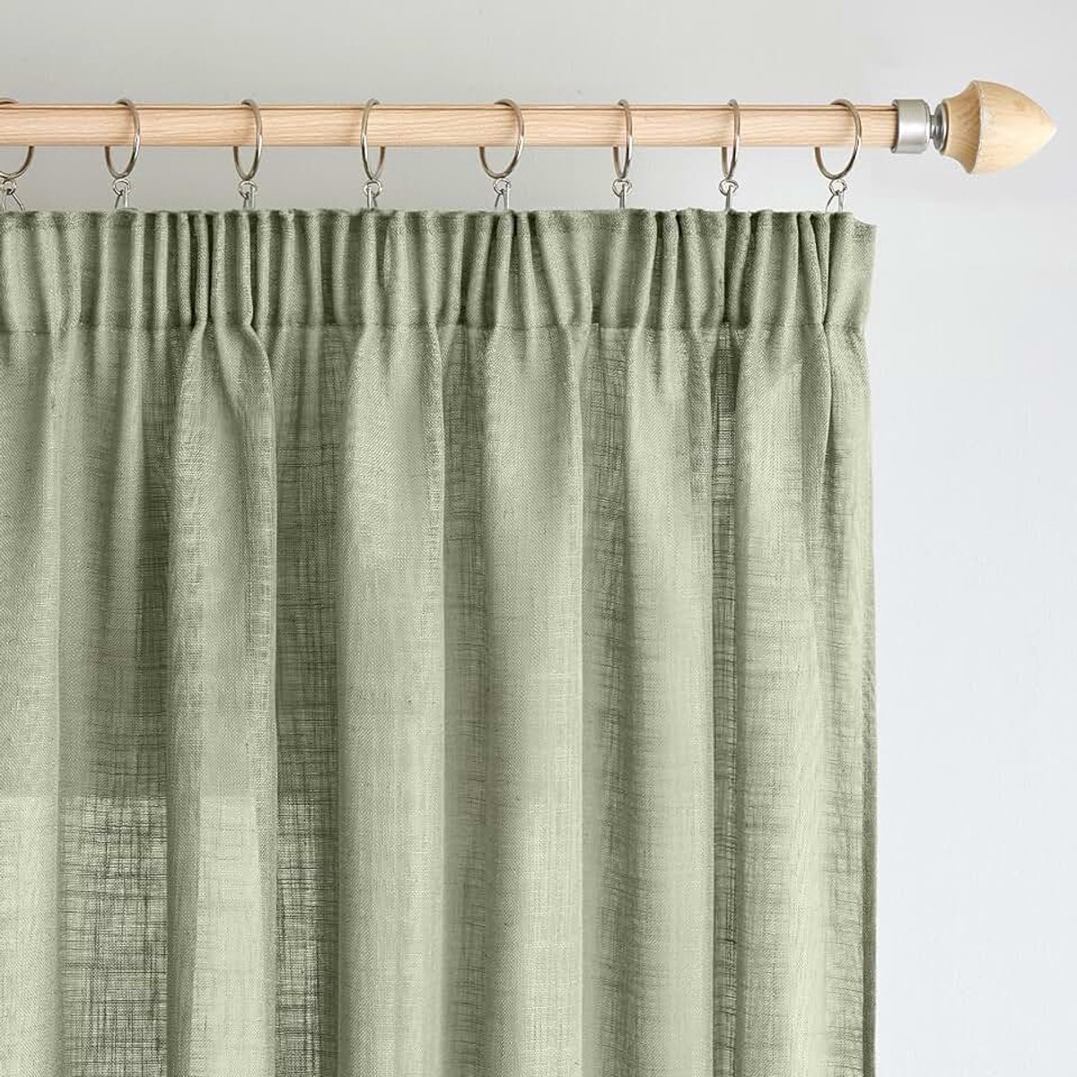 Linnen gordijnen met plooiband, moderne transparante decoratieve gordijnen voor woonkamer, raam en slaapkamer, set van 2, 140x260cm, grijsgroen | Linnenlook en semi-transparante stof voor woonkamer en slaapkamer, moderne gordijnen met zacht licht.