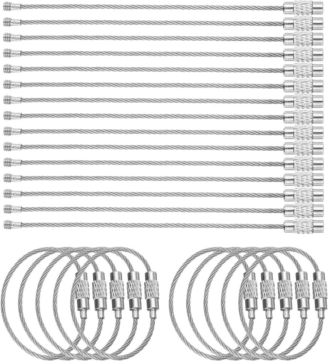 25 stuks kabelsleutelhangers van draad, 10 cm, kunststof coating, 1,5 mm, sleutelhanger van roestvrij staal, sleutelring voor het ophangen van bagage-etiketten, identificatiesleutel, zilver