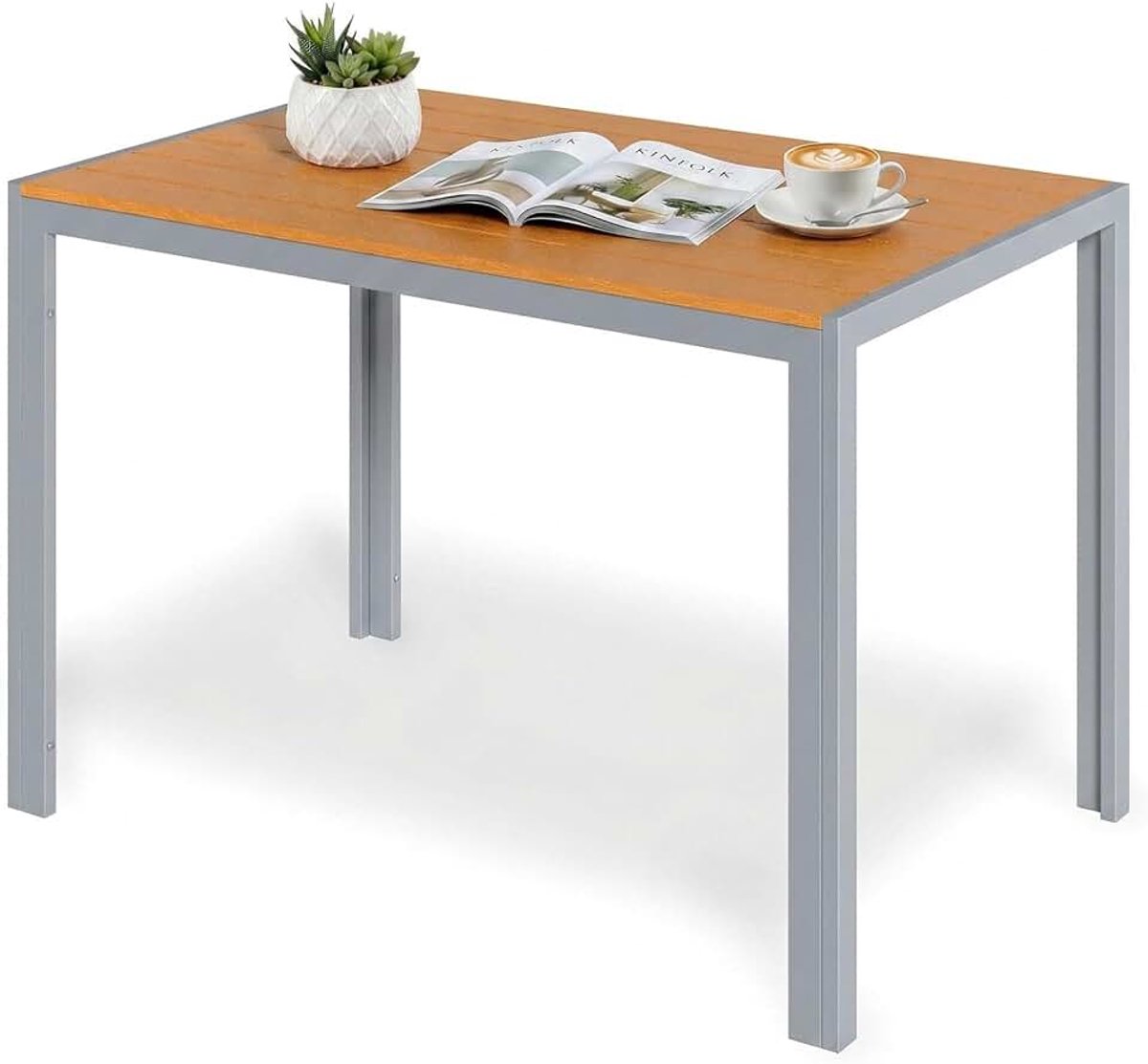 Tuintafel van Aluminium en WPC, 110x70 cm, rechthoekig, Weerbestendig,Balkontafel, Tuinbijzettafel, Tuintafeltje, Terrastafel, bistrotafel, Eettafel voor Buiten, Teakbruin+Lichtgrijs