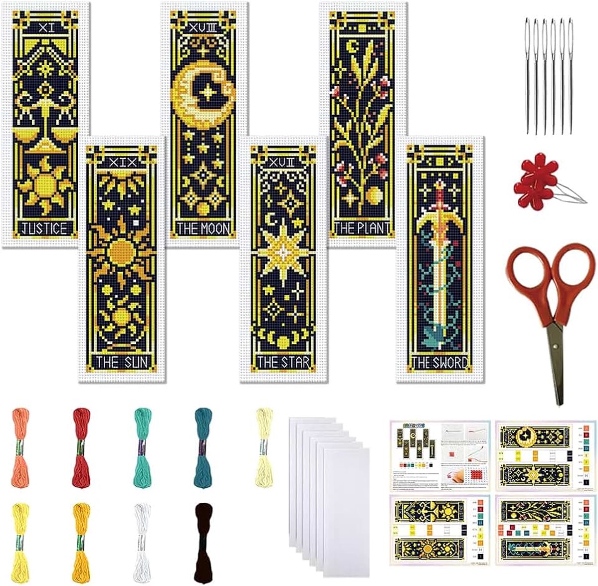 6 Set Kruissteek Bladwijzer Kit 11CT DIY Kruissteek Kits Tarotkaarten Gestempeld Borduurwerk Kit met Instructies Bladwijzer Maken Set voor Volwassen Beginners 20x6cm