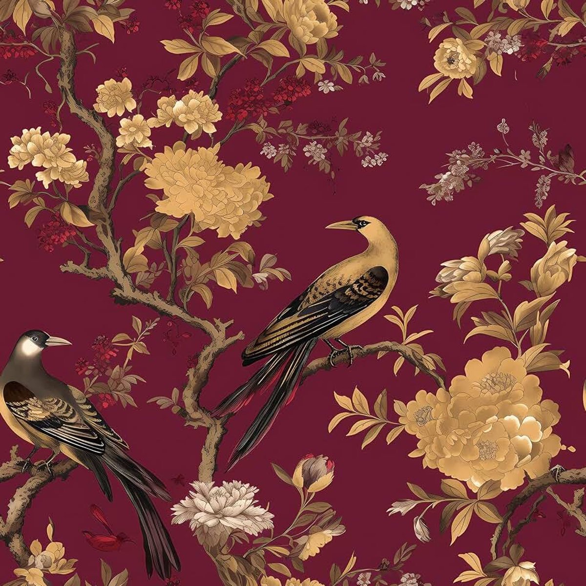 Kleeffolie rood patroon bloemen vogels tapete zelfklevend vintage rood goud folie voor meubels kastdeuren 44,5CM x 3M luxueuze wandtapete bloemen slaapkamer gang verwijderbare decorfolie