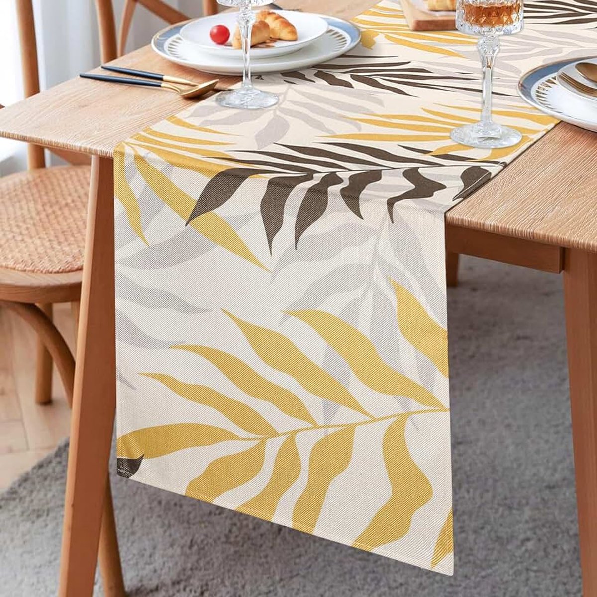 Tafelloper, lente, zomer, tafelloper, geel, tafelloper, bruin, grijs, bladeren, polyester, tafelloper, woonkamer, tafelloper, moderne keuken, eettafel, decoratie voor commode, festival, party, decoratie, 33 x 183