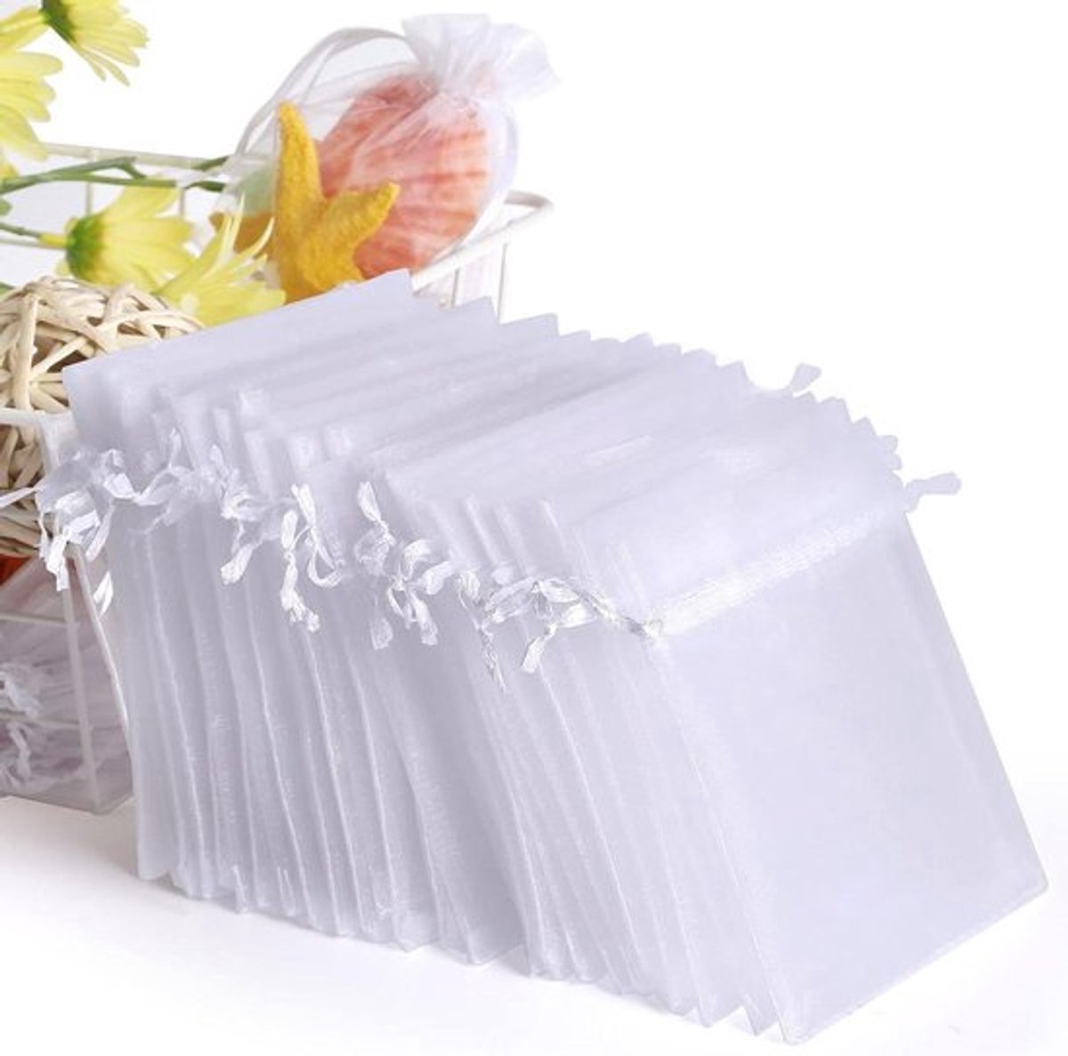 Organzazakjes wit voor bruiloft en feesten, sieradenzakjes voor geschenken - pak van 100 stuks, 7 x 9 cm.