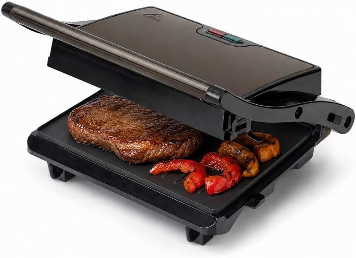 JEGR1106 Elektrische grill, 750 W, gladde platen met antiaanbaklaag, 22,5 x 14,6 cm, voor alle soorten levensmiddelen, klapdeksel, opening 180°
