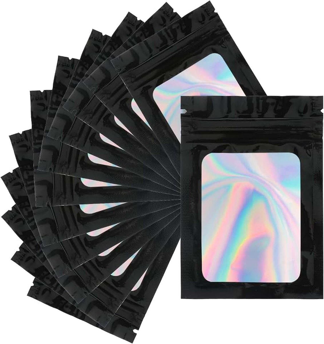 JijAcraft 9 x 12 cm, kleine Mylar zakjes, zwarte zakjes met ritssluiting, cadeau, 100 stuks, holografische foliezakjes met sluiting, Mylar druksluitingszakjes met venster, voor sieraden, cadeau
