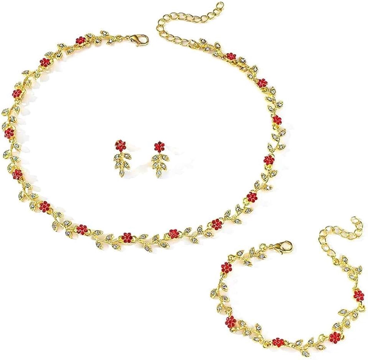 3 Stuks Bruidssieraden Set Dames Bladvorm Bloem Ketting Armband Oorbellen Sieraden Set Trouwsieraden Bruiloft Accessoires Gala Feest Sieraden Voor Vrouwen
