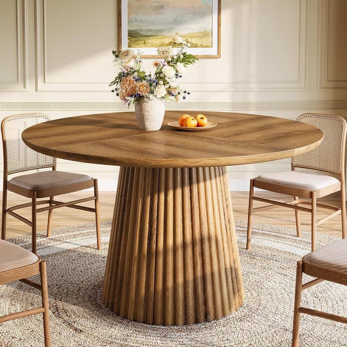120 cm ronde eettafel voor 4-6 personen, keukentafel in landhuisstijl, eettafel van hout met geribbelde sokkel voor eetkamer, keuken, woonkamer