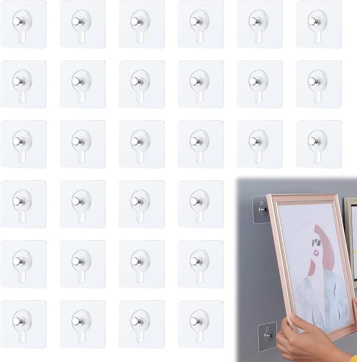 30 stuks fotohaken, zelfklevend, 6 x 6 cm, transparante kleefhaken, fotohaken zonder boren, fotohangers, zelfklevend, voor foto's, decoratieve schilderijen, afbeeldingen en posters