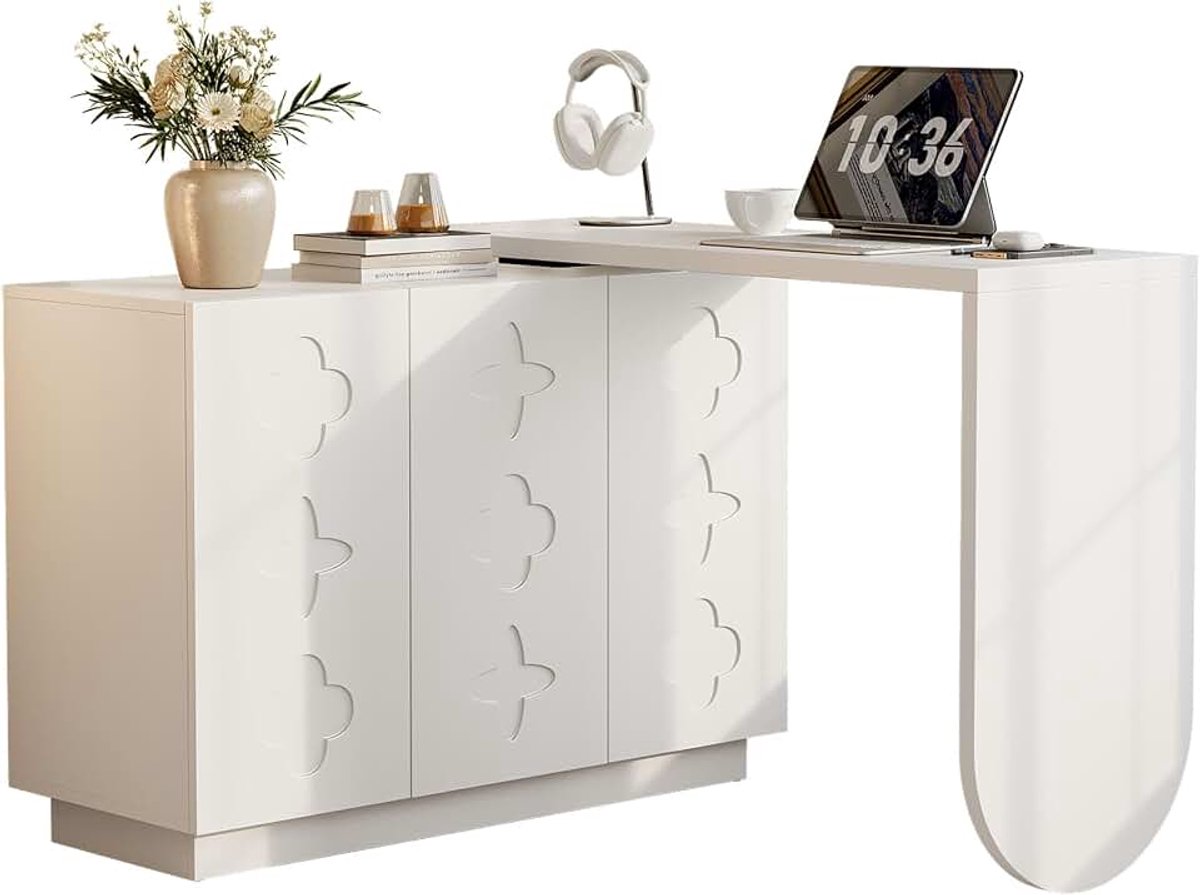 Draaibaar, L-vorm, computertafel met opbergruimte en kast, ruimtebesparend hoekbureau, 360 graden draaibaar, moderne bureautafel in wit-natuur voor kantoor en thuiskantoor (White-A, 110 cm
