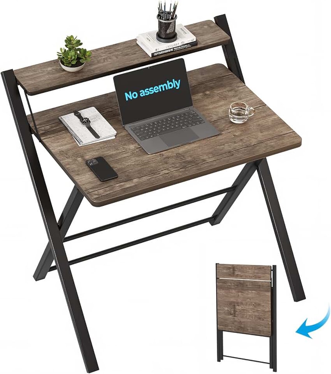 Kleine Vouwtafel 70cm, Vouw Gaming Tafel met 2 Opbergniveaus, Mini Laptop Tafel voor Kleine Ruimtes, Schrijftafel voor Werkstations, Bruin