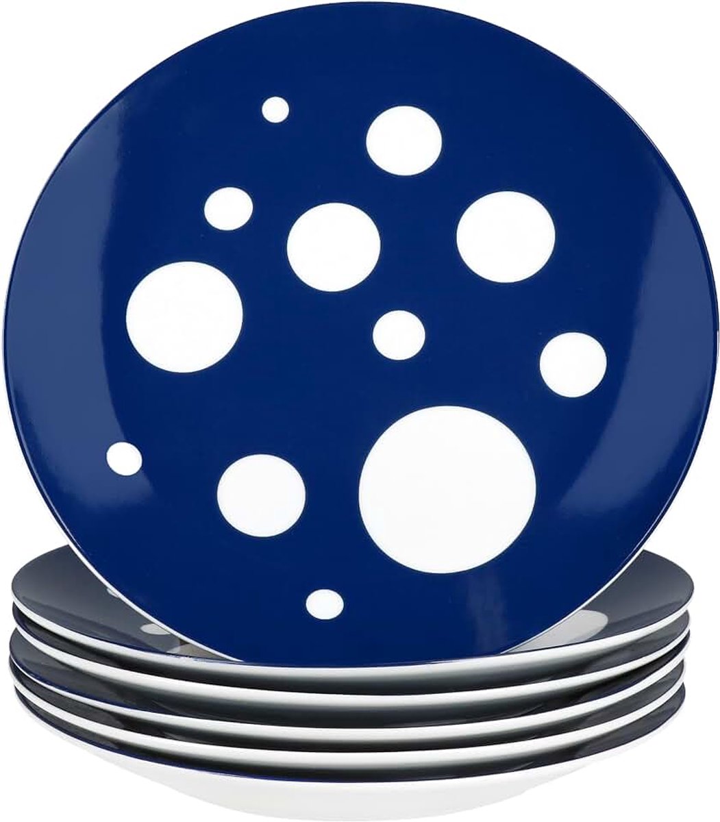 Taartborden, witte porseleinen ontbijtborden met stippen voor 6 personen, kleine borden voor salade, dessert, fingerfood enz.