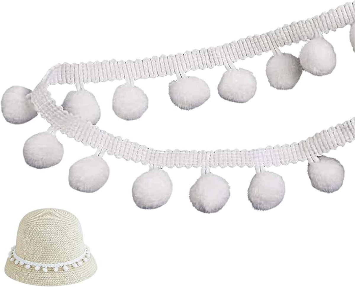 20 m witte PomPom band van 10 mm voor handwerk en DIY-decoratie, decoratieve randen voor kleding, kussens, gordijnen, accessoires, kinderkleding en creatieve projecten