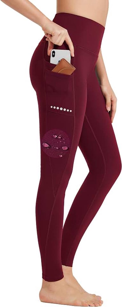 Sportlegging voor dames, met hoge taille, fleece gevoerd, waterdicht, ondoorzichtig, buikcontrole, slimfit, yogabroek, sportbroek, sweatbroek, fitnessbroek met zakken