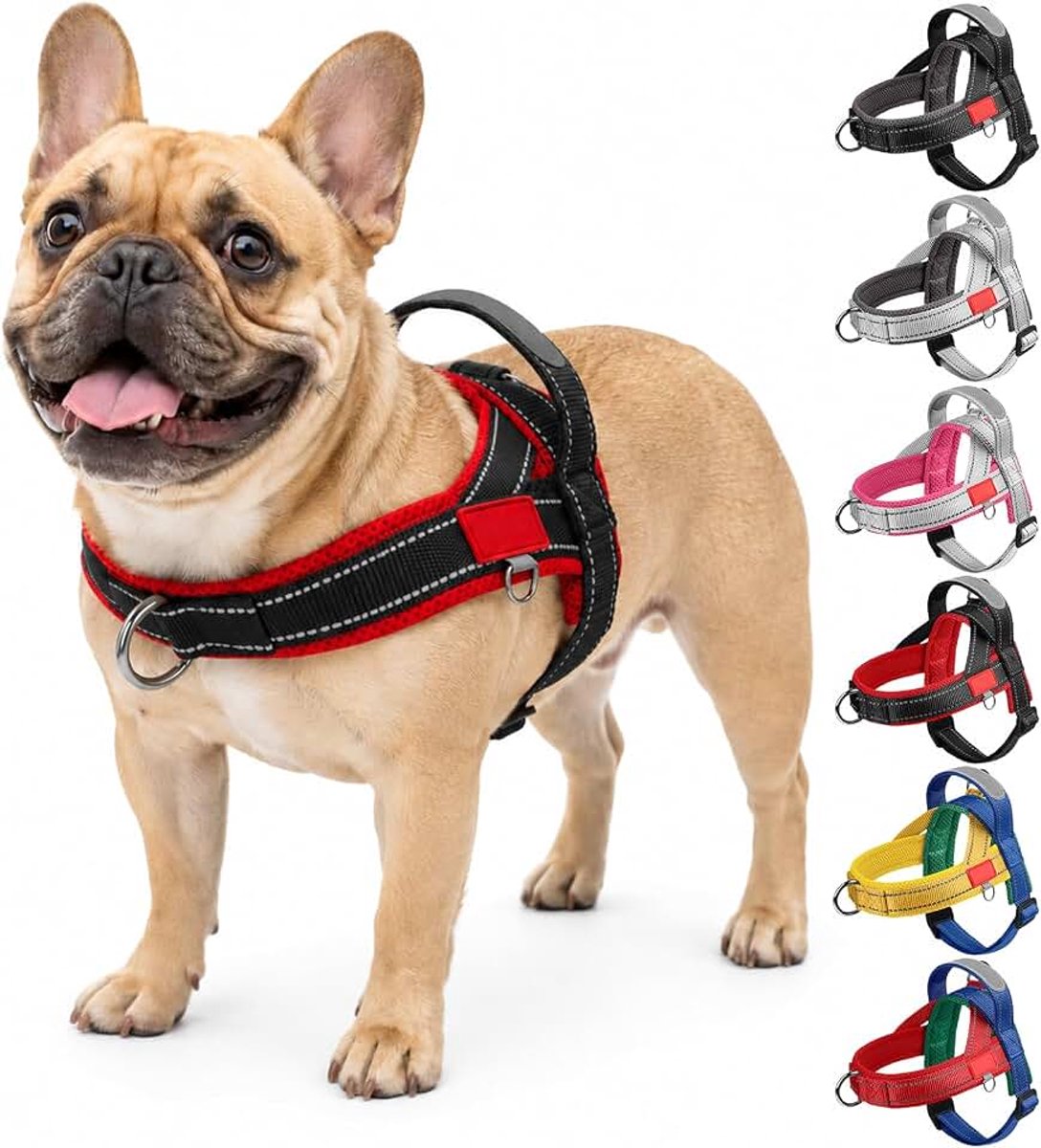 Hondenharnas voor puppy's, kleine en middelgrote honden, anti-trekharnas, hond met handgreep, verstelbaar, reflecterend, ademend borstharnas, anti-trek hondenharnas, zwart-rood, L