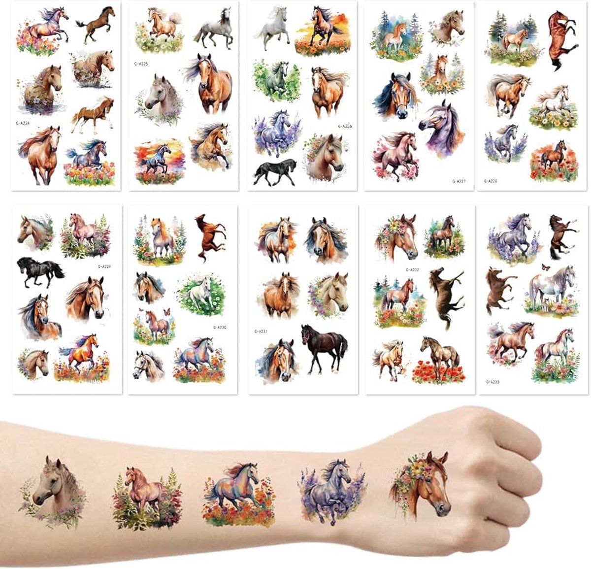 Tattoo voor kinderen, 8 vellen paardentatoeages voor meisjes en jongens, waterdichte tijdelijke paarden kindertatoeages stickers voor jongens en meisjes kinderverjaardag cadeautjes gastgeschenken
