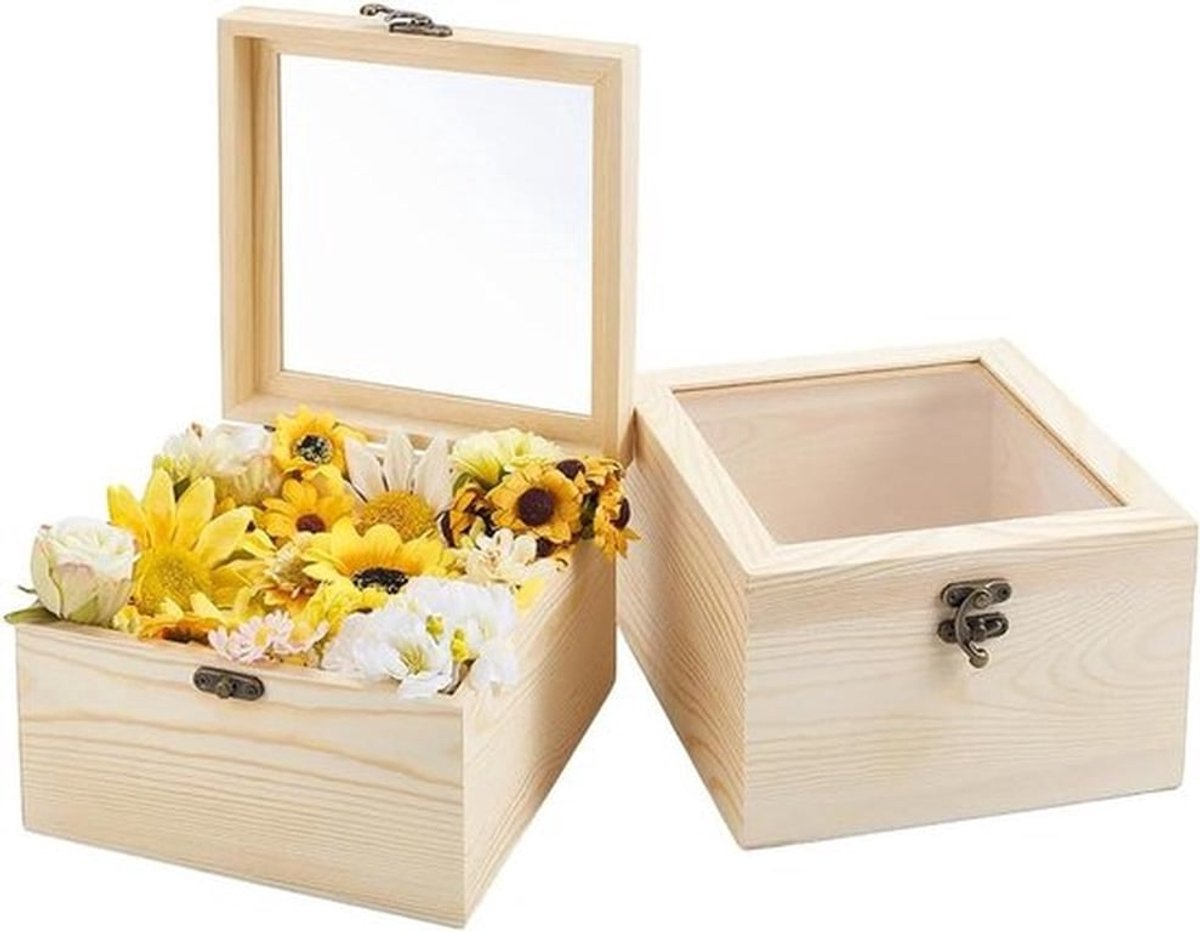 Houten kist met glazen deksel - 2 stuks - onafgewerkt voor DIY ambachten - opbergdozen 18x18x11 cm