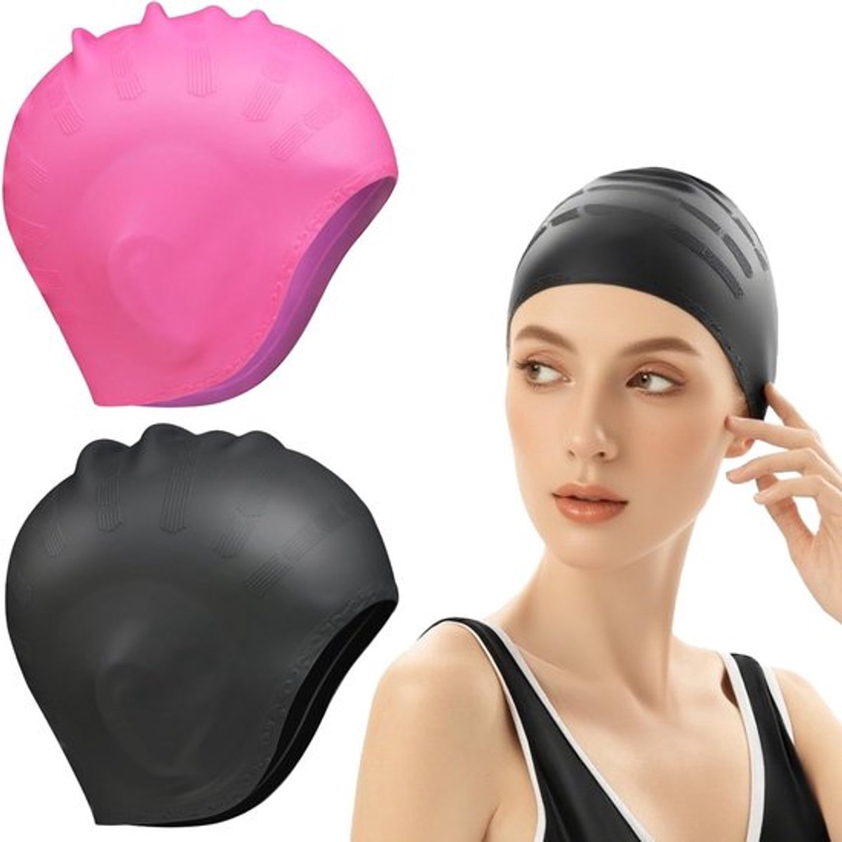 Set van 2 Zwemcaps met Oorbescherming - Grote Waterdichte Siliconen Zwemcaps voor Mannen en Vrouwen, Geschikt voor Lang en Kort Haar, Houdt Haar Droog (Zwart/Roze)