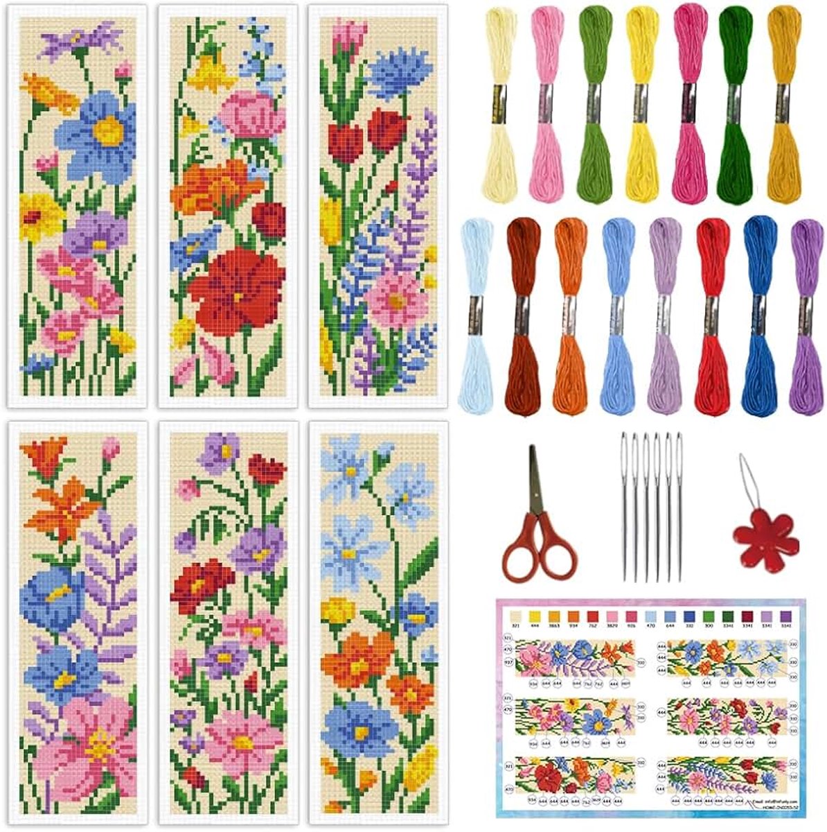 6 Set Wildflowers DIY Kruissteek Bladwijzer Kits voor Beginners Kleurrijke Bloemen Geteld Kruissteek Kit met Instructie Bloemen Gestempeld Borduurwerk Bladwijzer Kit voor Boek Liefhebbers