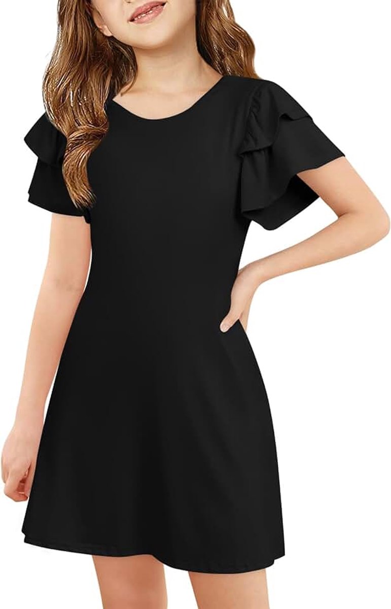 Meisjesjurk met ruches mouwen, ronde hals, A-lijn, effen, vrijetijdsjurk, casual, elegant, feestjurk, verjaardag, bruiloft, feestelijke jurk