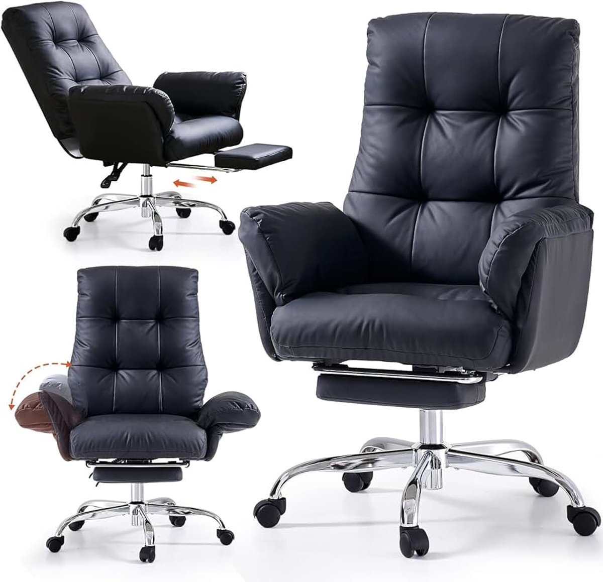 Thuisbureaustoel met voetsteun, Criss Cross stoel met wielen en opklapbare armen, PU-lederen kantelbare ergonomische directiestoel, comfortabele rollende computer thuiskantoorstoelen (zwart)