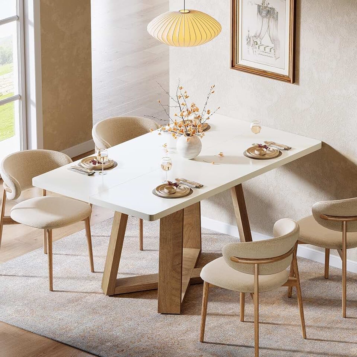 47 inch eettafel voor 4 personen, rechthoekige keukentafel | Moderne eettafel, ontworpen hout, kleine eettafel voor keuken, eetkamer, kleine ruimte, eenvoudige montage, wit