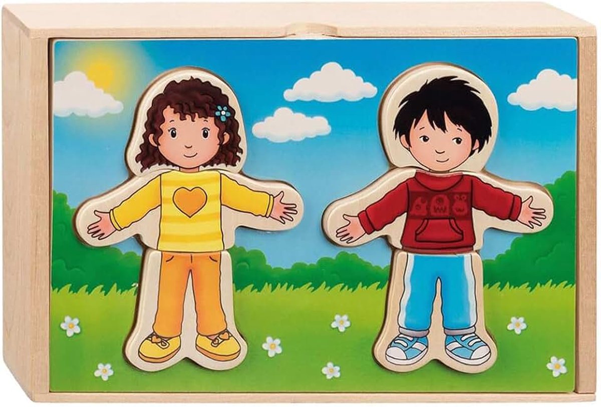 Junge und Mädchen im Holzkasten: 13 x 21 x 4,2 cm, Holz, 12 Motive, 36 Teile, per Stück
