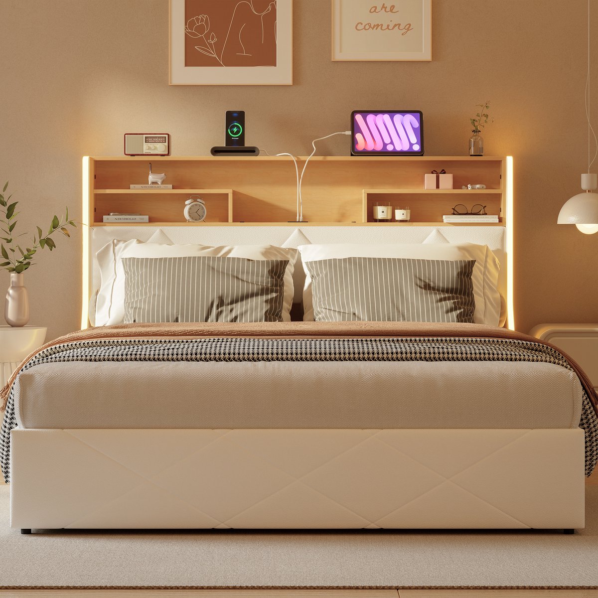 Gestoffeerd bed 160x200 cm met LED en USB, Tweepersoonsbed met opbergruimte en lattenbodem, Opbergbed bedframe met hydraulische opbergbox, PU Wit, zonder matras