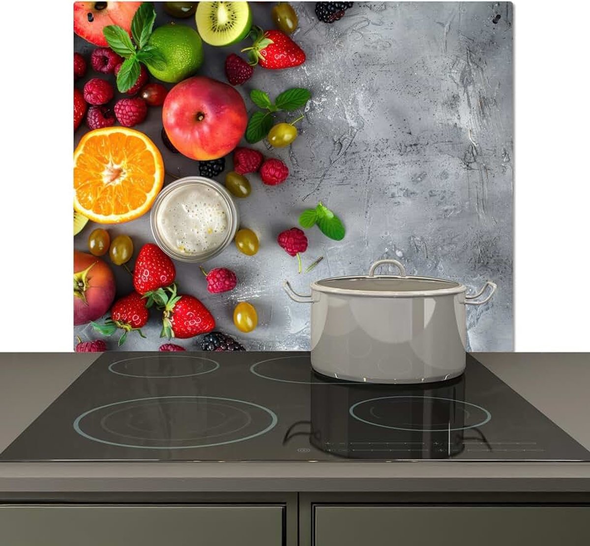 Spatscherm Keuken 51.3x58.3 cm Kookplaat Achterwand Beschermer Muur Spatwand Fornuis Aluminium Hittebestendig - Fruit - Beton - Vruchten - Grijs