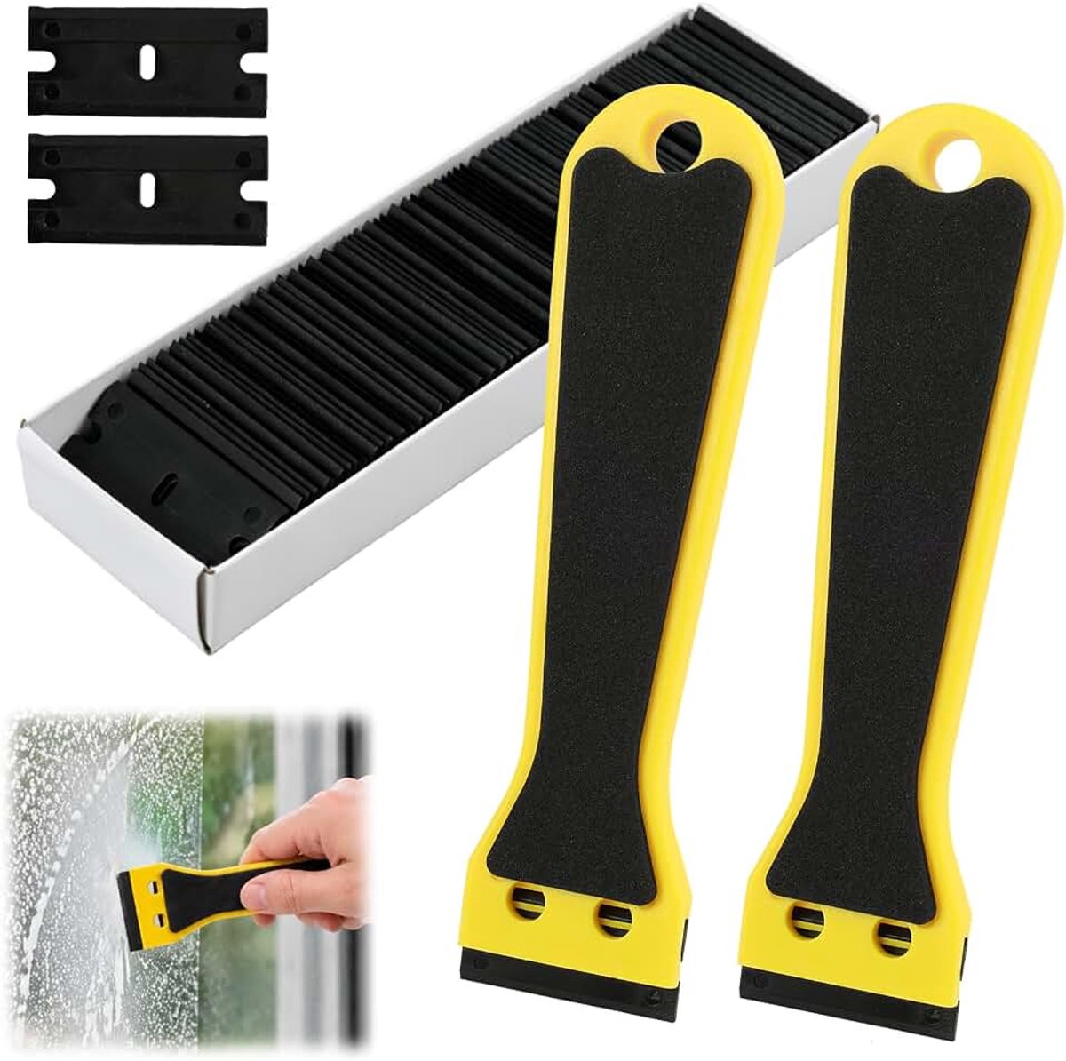 2 stuks kunststof schraper, met 100 reservemessen, handmatige schraper met lange handgreep met antislip handgreep van EVA-schuim, multifunctioneel gereedschap voor het verwijderen van lijm, stickers