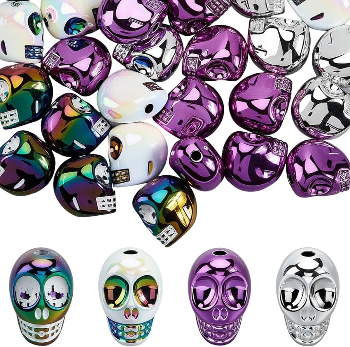 1 Doos 40 Stks Halloween Schedel Kralen Skelet Kralen Acryl AB Kleur UV Plating 18mm Vakantie Schedel Spookachtige Hoofd Bot Losse Spacers voor Halloween Sieraden Maken DIY Armband Ketting
