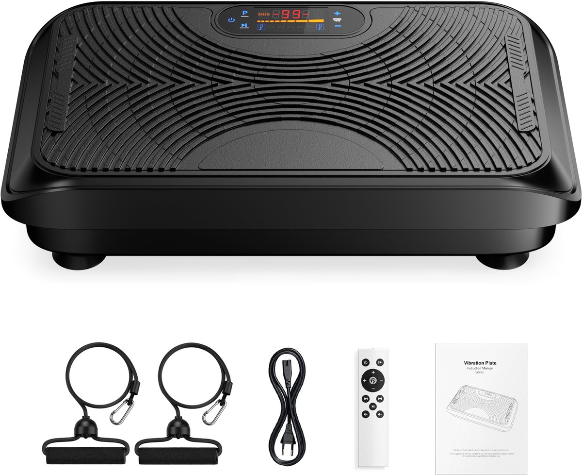PULSE360 Trilplaat- Trilplaat fitness - Inclusief weerstandsbanden - 5 trainingsprogramma's - 99 snelheidniveaus - Met bluetooth muziek Vetverbrandingsapparaat met bewegingsgevoelige start-/stopfunctie Thuis Fitness -Zwart