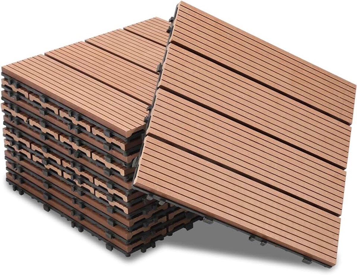 - Set van 11 WPC terrastegels in houtlook - 30 x 30 cm - Voor 1 m² - Houtlook - Balkonvloer met kliksysteem - Waterdicht - Voor balkon en terras (bruin)