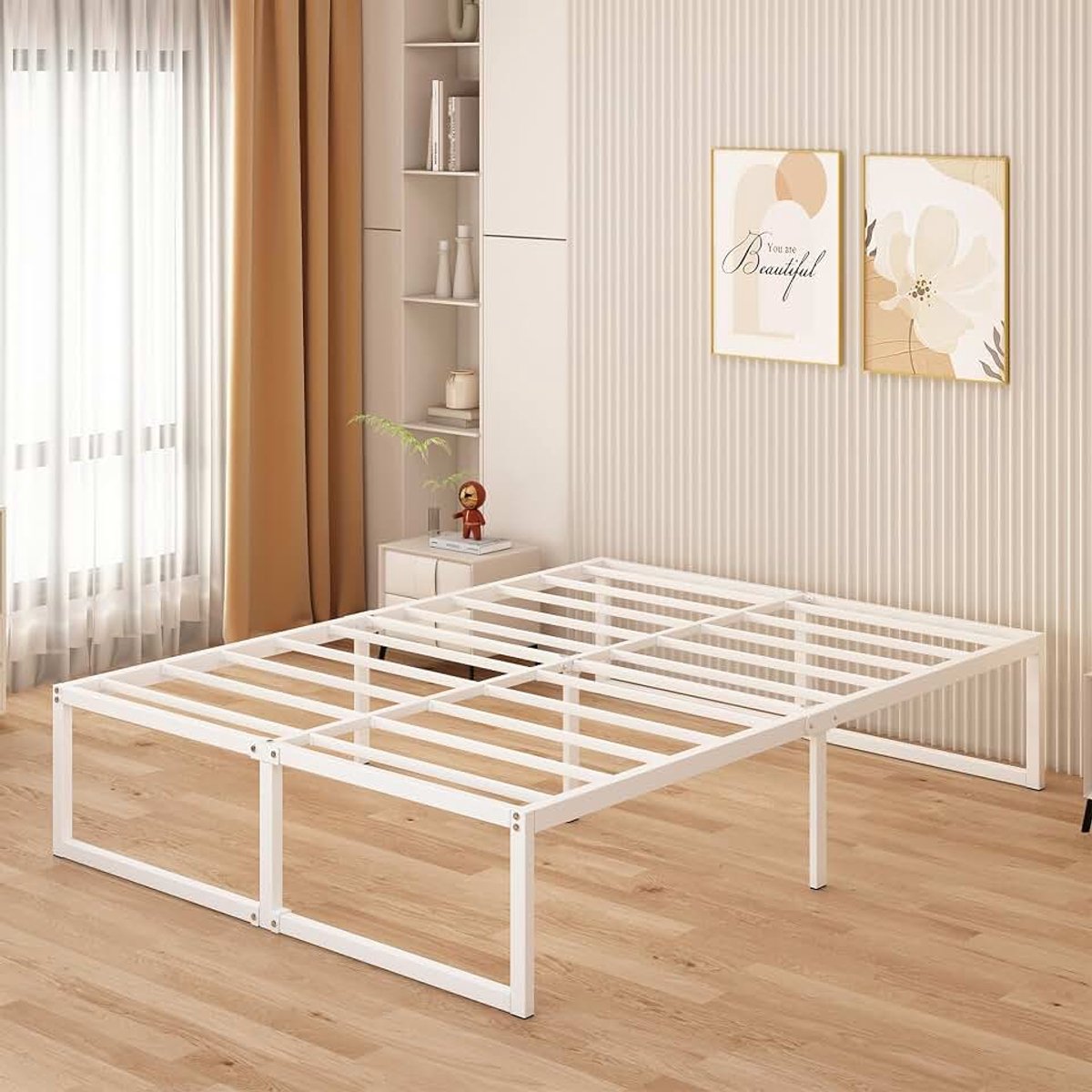 Bedframe 140x200 cm - 46 cm Hoogte met Opbergruimte Onder het Bed, Metalen Tweepersoonsbedframe met Zware Metalen Latten voor Stabiele Ondersteuning, Eenvoudige Montage, Geruisloos, Wit