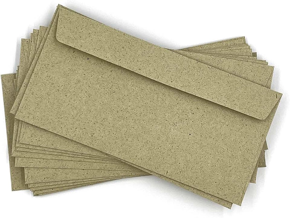 Enveloppen van kraftpapier met een hoog grasgehalte, 250 stuks zelfklevende natuurlijke papieren enveloppen met de afmetingen 220 x 110 mm (DIN lang) - FSC-gecertificeerd