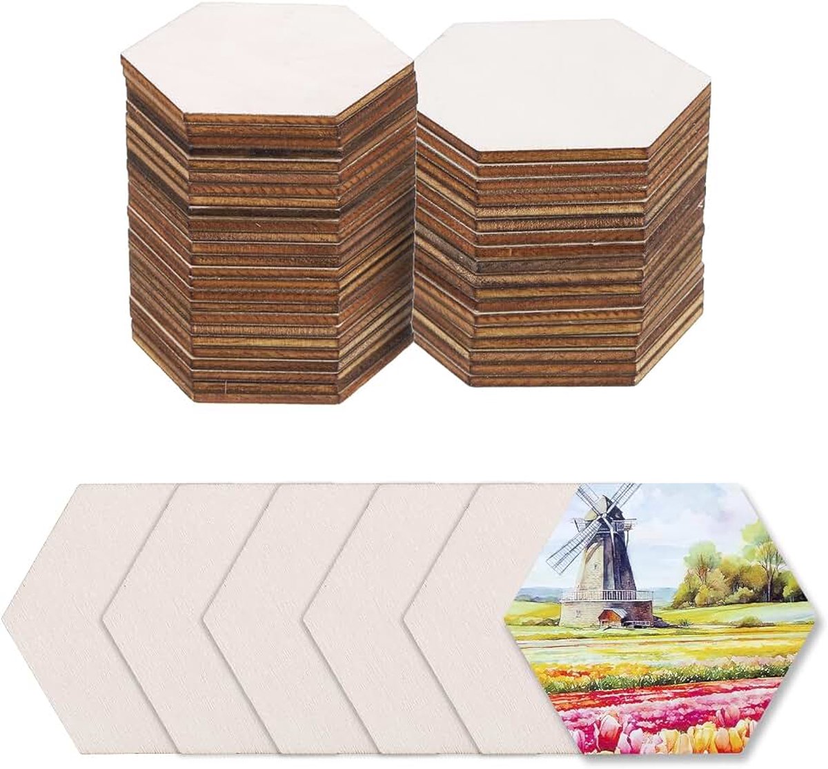 Hout om te knutselen, 100 stuks, 5 cm, zeshoekige houten schijven, decoratie om te beschilderen, voor bruiloft, doe-het-zelf knutselen, brandschilderen, cadeau, kerstversiering