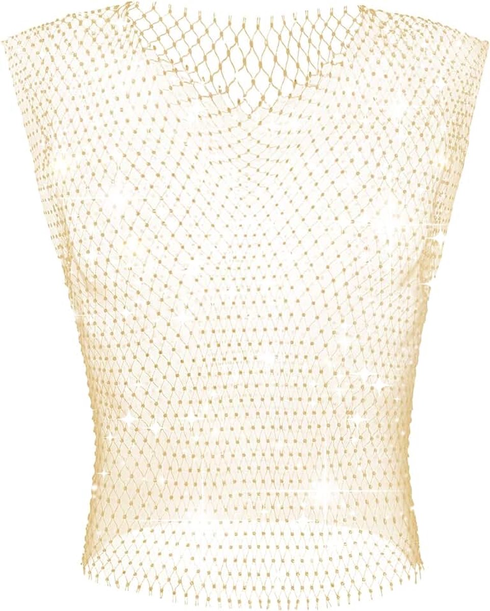 Mesh strass tops fishnet tanktop sexy cropped shirt rave doorzichtig vest