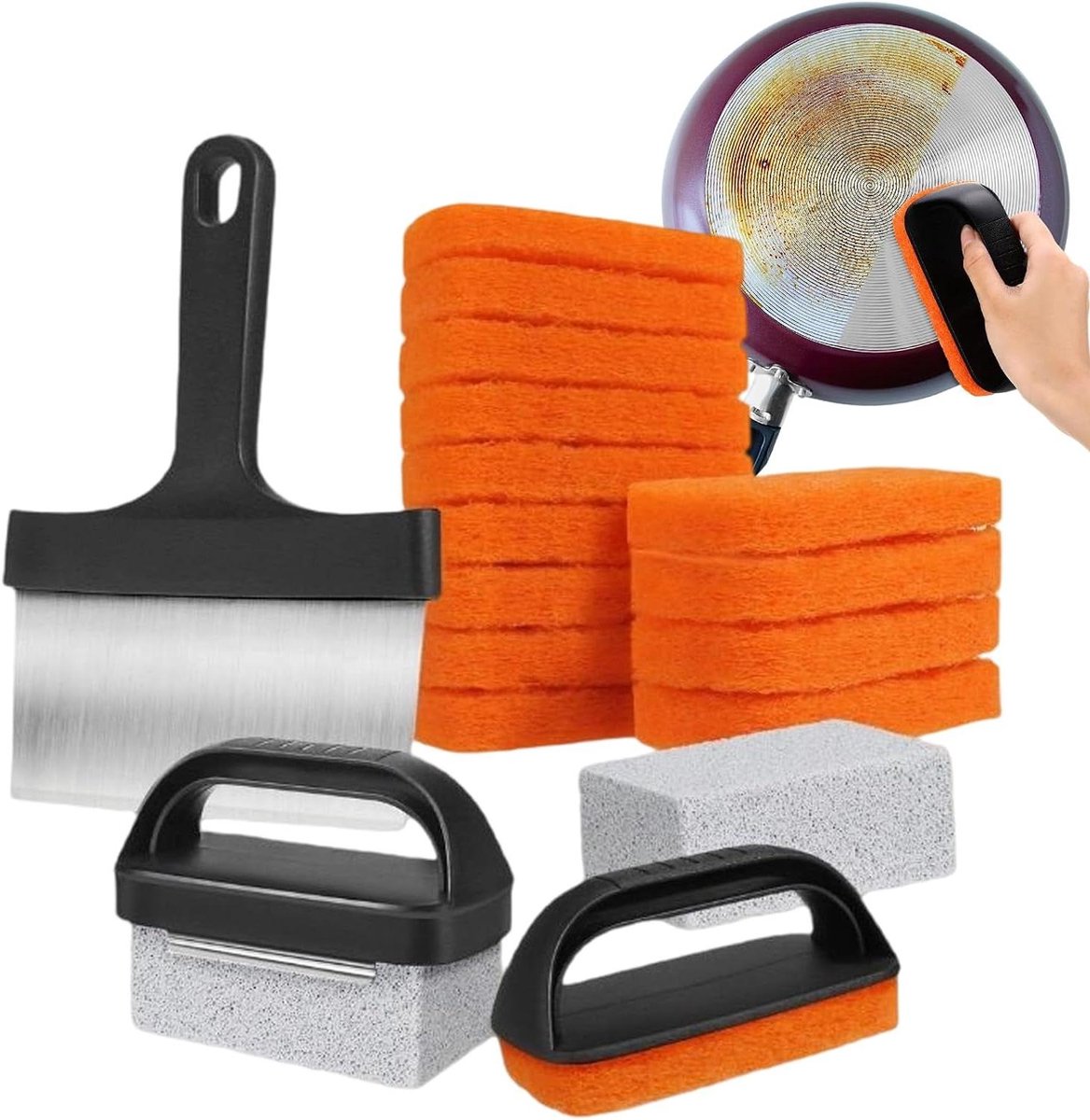 Platenreiniger Set - Grill Reiniger - Kookoppervlakken Schoonmaken - Krasbestendige Pads - 14 Pads - Grijs