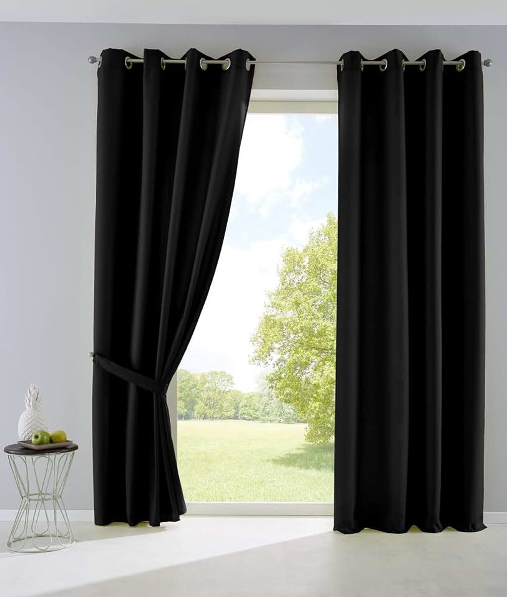 Set van 2 gordijnen, ondoorzichtig, mat, lichtdoorlatend, met oogjes en embrasses deco, H x B 145 x 140 cm, zwart, 10000265-2