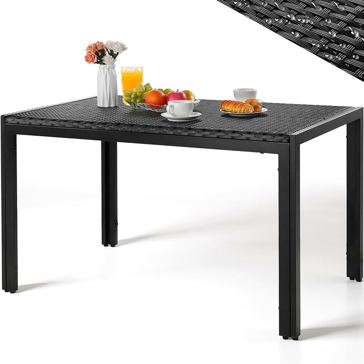 Tuintafel, PE-rotan, 119 x 74 cm, rechthoekige eettafel, voor 6 personen, weerbestendige balkontafel, in hoogte verstelbaar, stabiel metalen frame, terrastafel voor tuin, balkon, outdoor