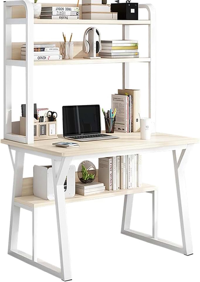 80 x 50 cm bureau, 4-traps computertafel met opbergruimte, pc-tafel voor thuiskantoor, werkkamer, slaapkamer, wit en lichtbeige