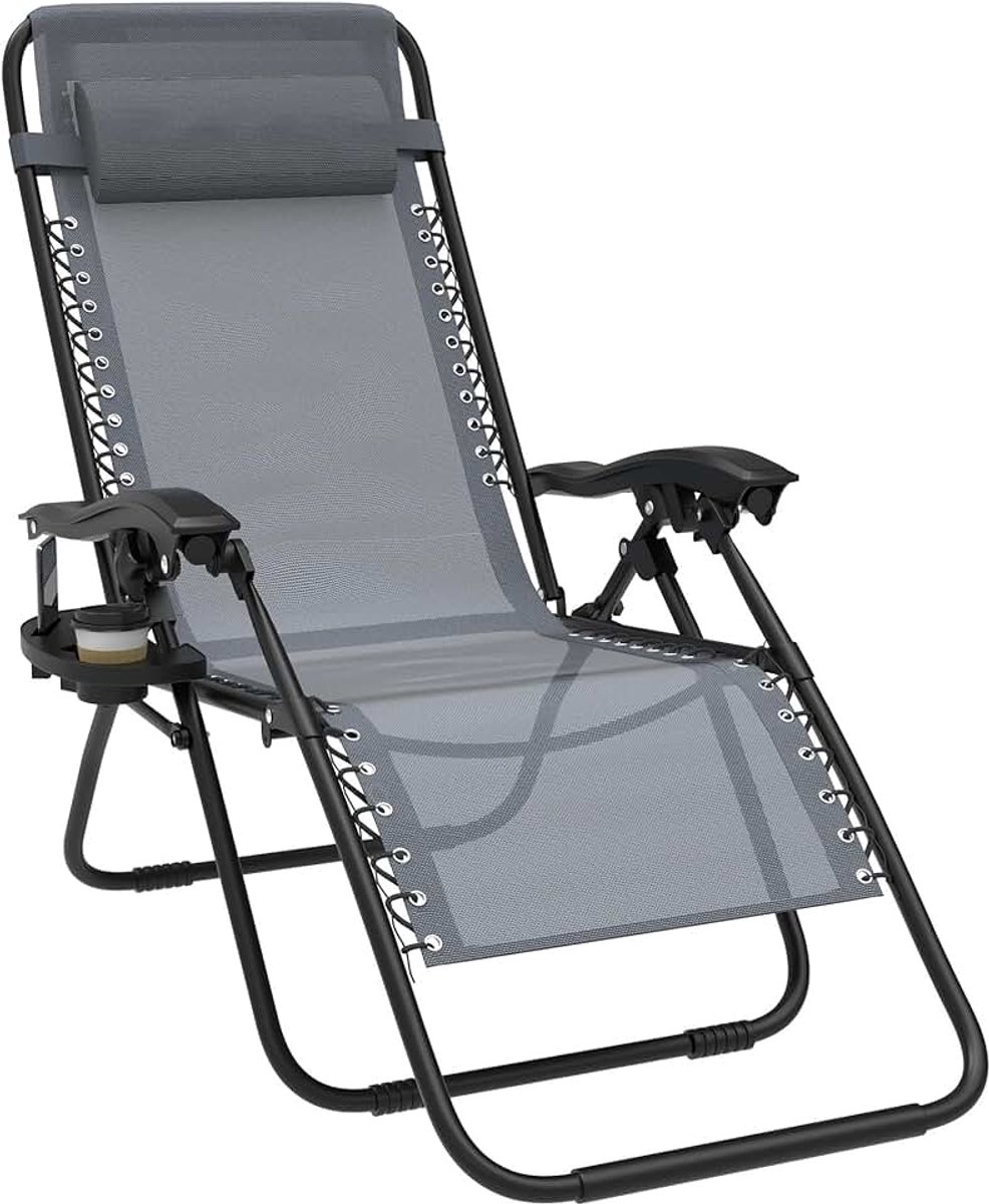 Inklapbare ligstoel, zonnebed, tuinstoel, grijs | 1 stuk relaxstoel, verstelbare rugleuning met bekerhouder en kussen, verstelbare rugleuning, voor buiten, terras