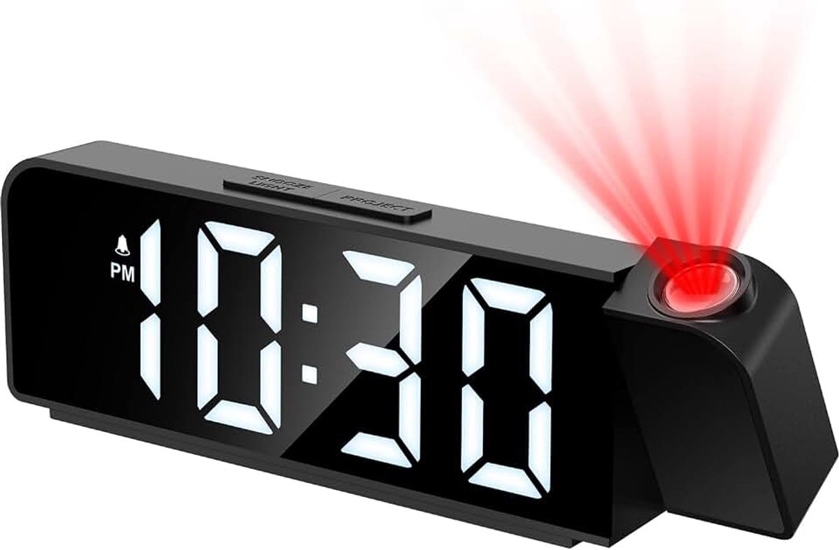 Projectiewekker met 7,9 Inch Grote LED-scherm, Stroomuitvalgeheugenfunctie & 180° Projectie - Perfect voor Thuis en Kantoor