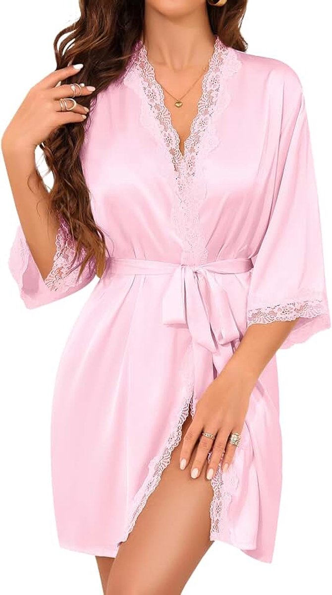 Badjas dames kimono satijn kant pyjama satijn korte badjassen en ochtendjassen elegant nachthemd sexy V-hals nachtjurk met riem voor bruid bruiloft SPA