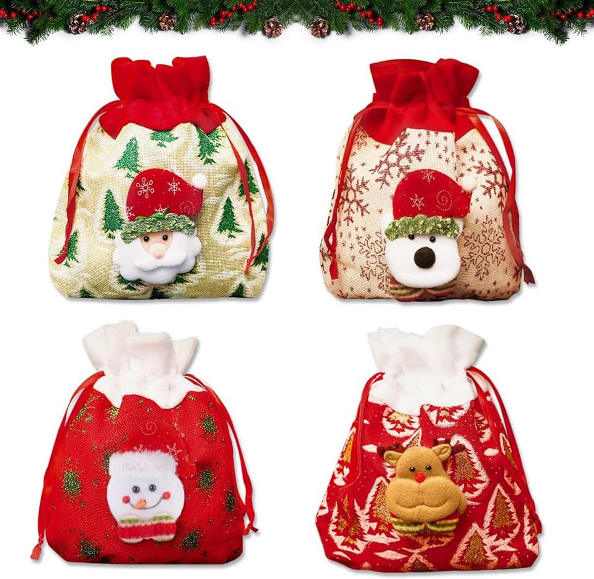 Kerstcadeauzakjes, 4 stuks kerstzakken, kerstzak, kerstzak, kerstkoekjes, snoepzakjes, kerstzakjes met trekkoord