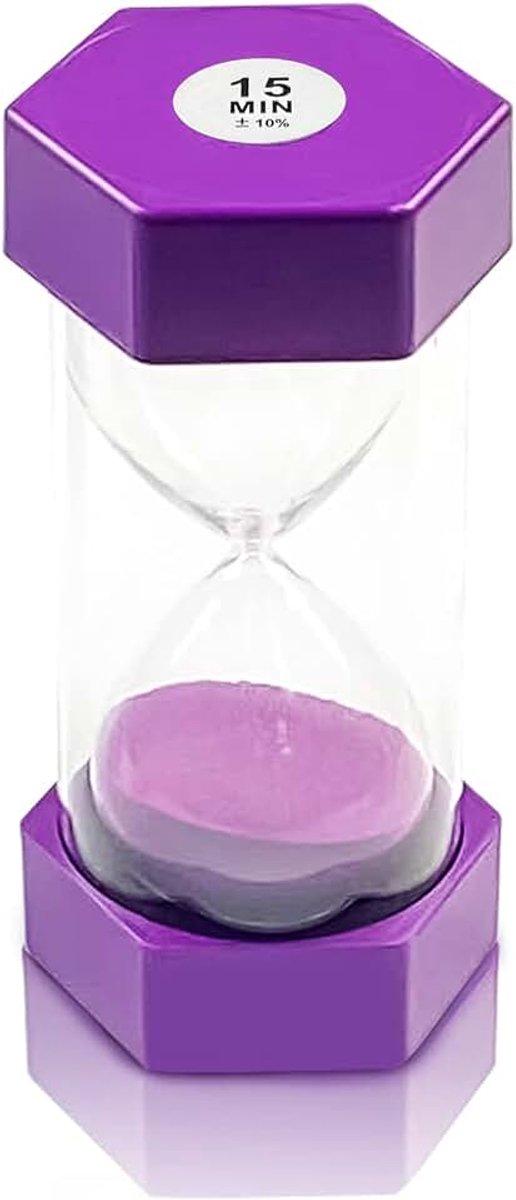 Zandloper voor kinderen, uurmeter, zandlopers, zeshoekige zandlopertimer, zandloper, glazen timer, keuken-timer, tijdmanagement (15 minuten, paars)