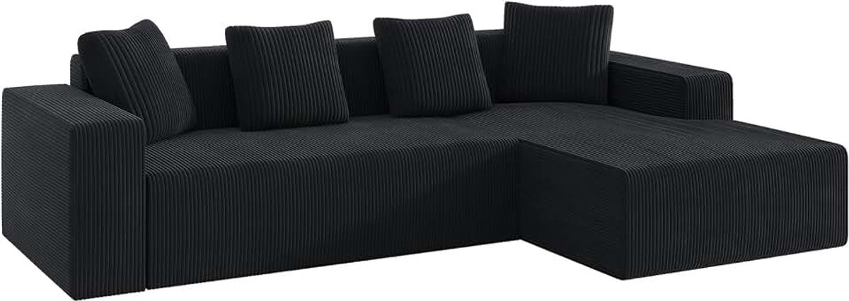Hoekbank, 4-zits, modulaire corduroy bank met kruk, comfortabele woonkamerbank met 2 kussens, ruimtebesparend woonlandschap voor woonkamer en appartementen, 256 x 134 cm (beige-2