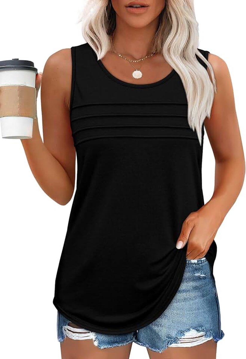 Tanktop dames plooien ronde hals bovenstuk mouwloos lange tuniek zomer casual elegant
